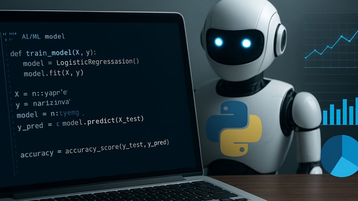 : Female software developer typing Python code on a laptop in a modern office, focusing on programming skills.