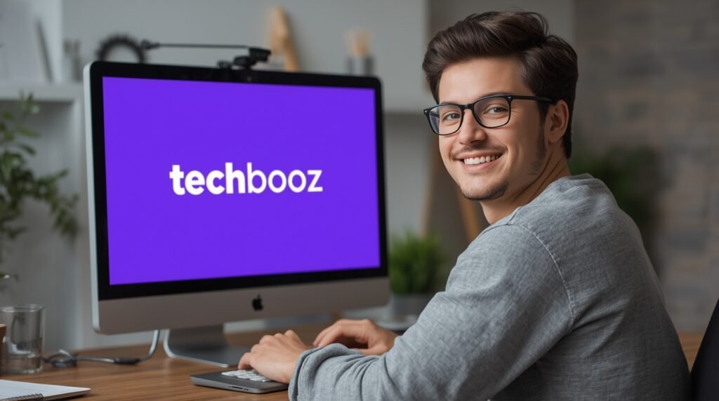 : Student learning digital marketing online with Techbooz branding.