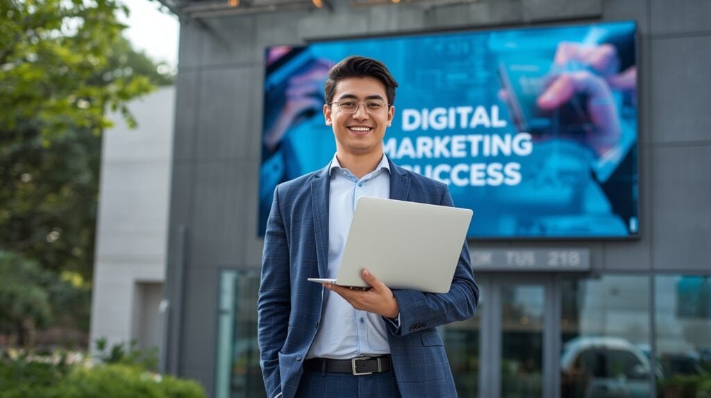 Confident young professional standing outside a modern office holding a laptop; the screen shows completed digital marketing project and a big outdoor screen in the background displays success visuals.