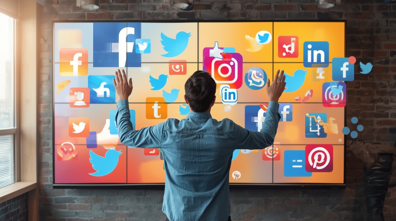 Social media manager handling multiple social platforms with engagement analytics on screen.