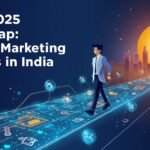 Young professional walking on a digital roadmap with SEO, social media, email, and analytics icons leading toward a 2025 city skyline.