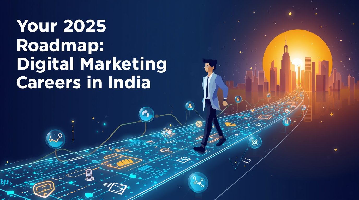 Young professional walking on a digital roadmap with SEO, social media, email, and analytics icons leading toward a 2025 city skyline.