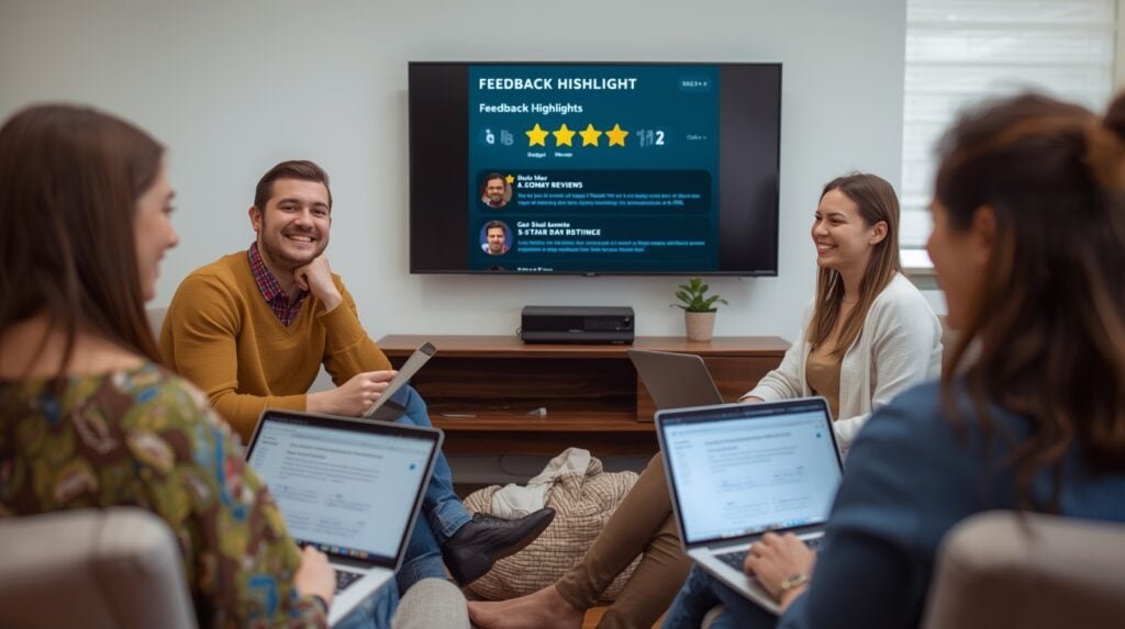 Group of alumni sitting in an office lounge with laptops; one screen shows 5-star reviews and a big TV displays feedback highlights.