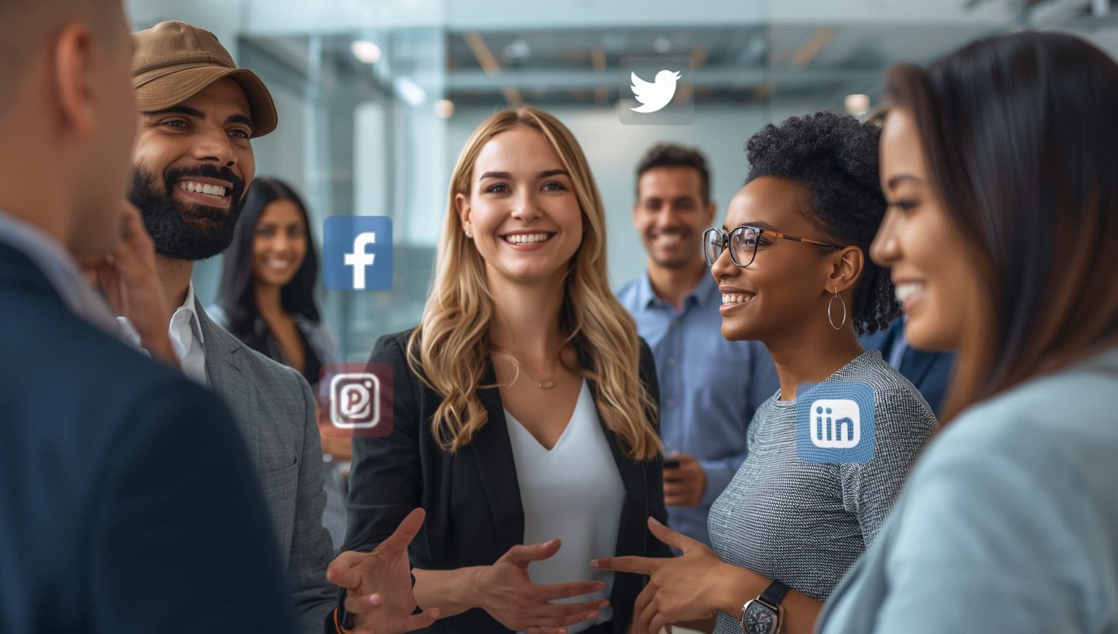 Confident men and women networking with social media icons, representing why personal branding is important