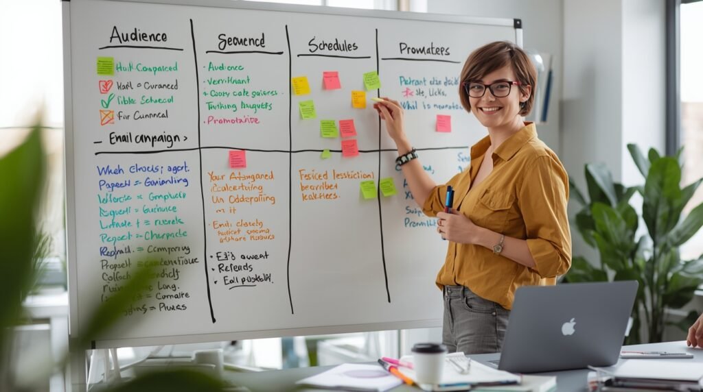 Marketer planning email campaign strategy on a whiteboard.
