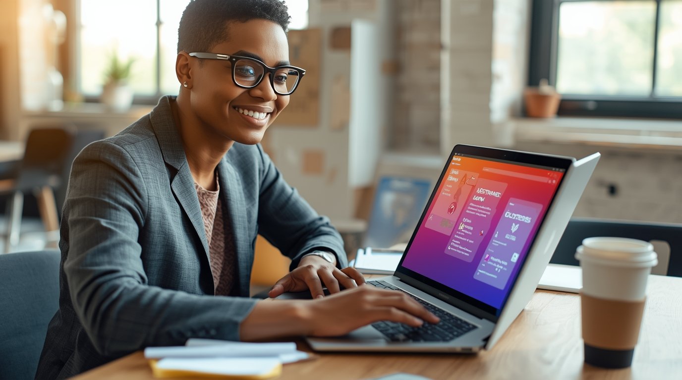 Marketing professional designing customized email campaigns on a laptop in a modern office