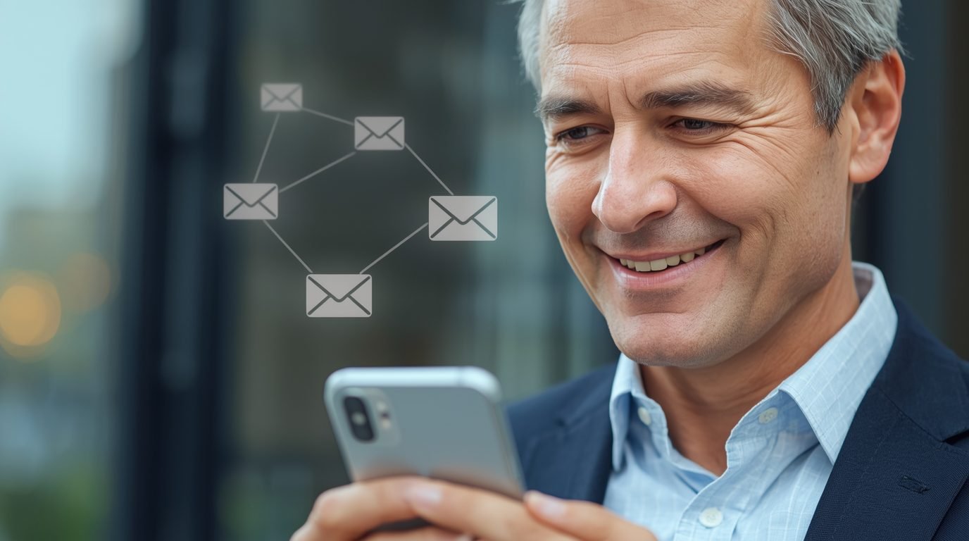 man checking emails on smartphone with envelope icons around.