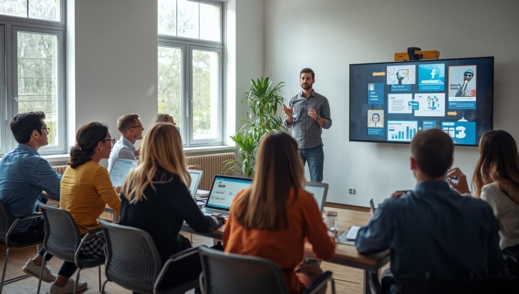 "A high-quality, natural photo of young professionals in a modern office or co-working space, actively engaged in a digital marketing training session. Some are taking notes on laptops and notebooks, a mentor is pointing at a large screen showing colorful charts, social media icons, and SEO visuals. Diverse men and women, casual professional attire, bright natural lighting, focused and motivated expressions. Energetic and engaging atmosphere that instantly grabs attention for a blog about digital marketing courses."