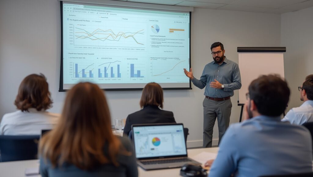 : Instructor teaching students in a training room with a projector screen showing campaign analytics; students’ laptops display dashboards.