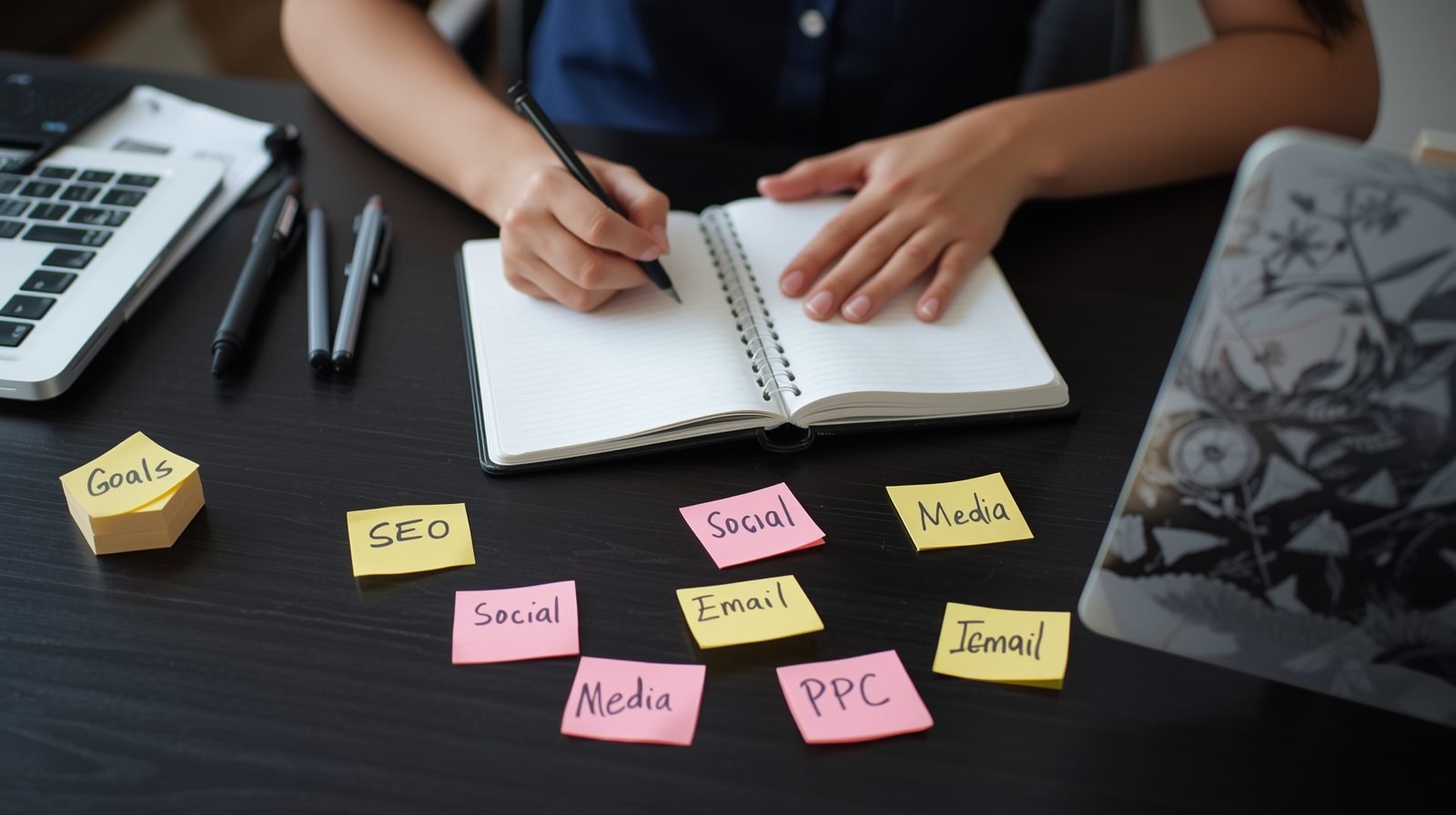 Person brainstorming ideas with notebook and sticky notes on a desk.