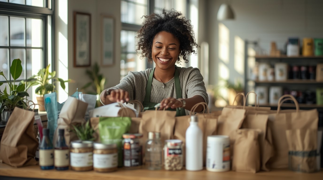 Small business owner arranging eco-friendly products for a marketing photoshoot