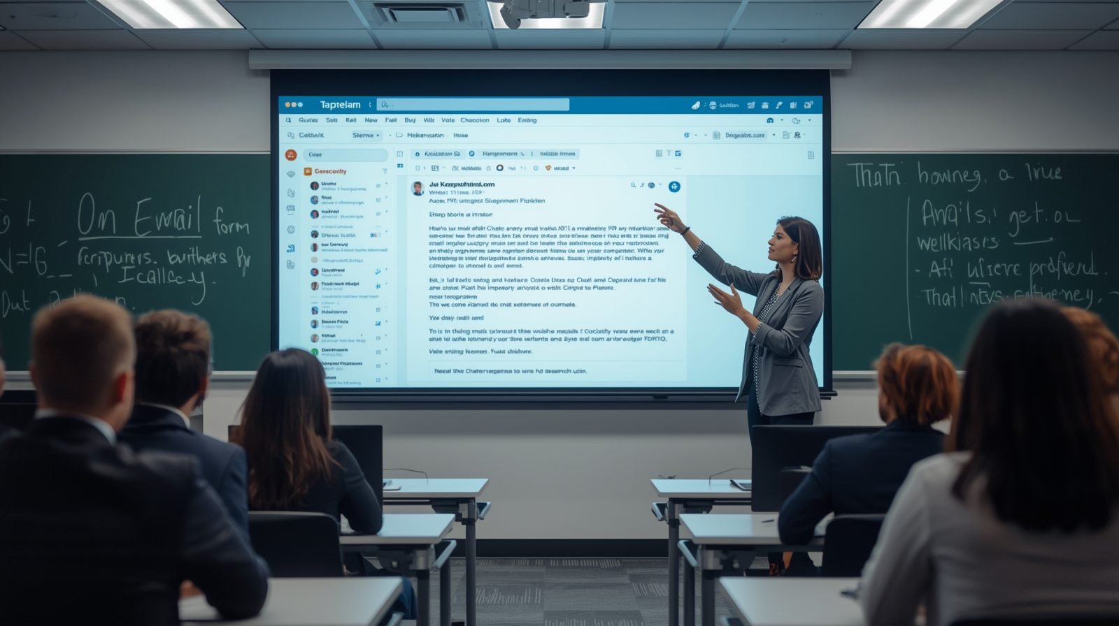Teacher explaining email inbox on a big screen to students in a classroom