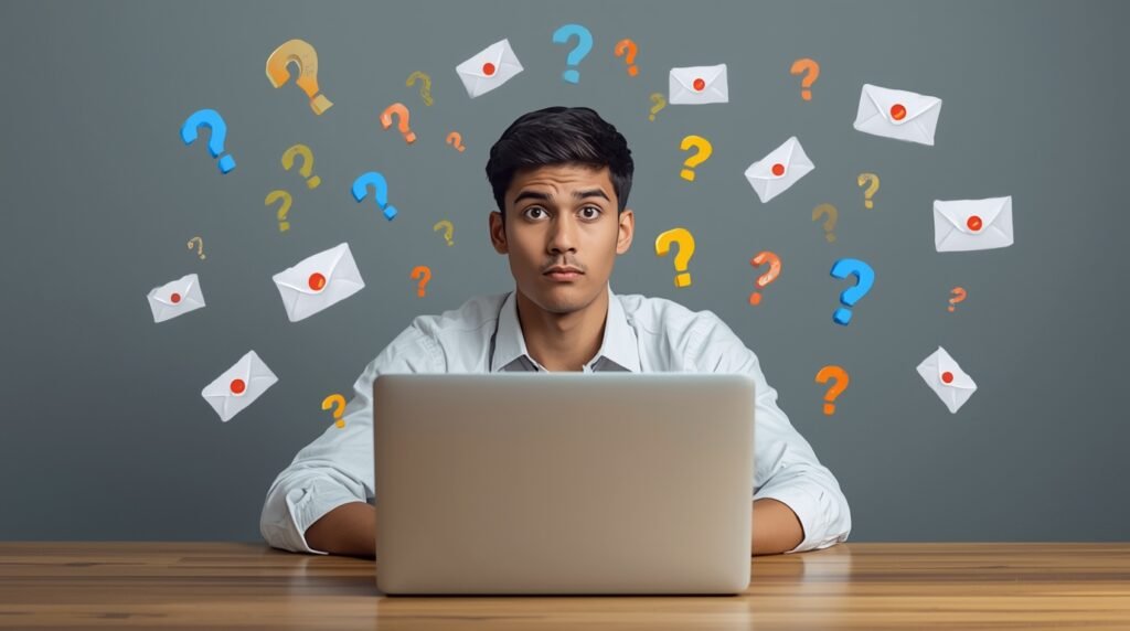 Person on laptop with question marks and email icons.