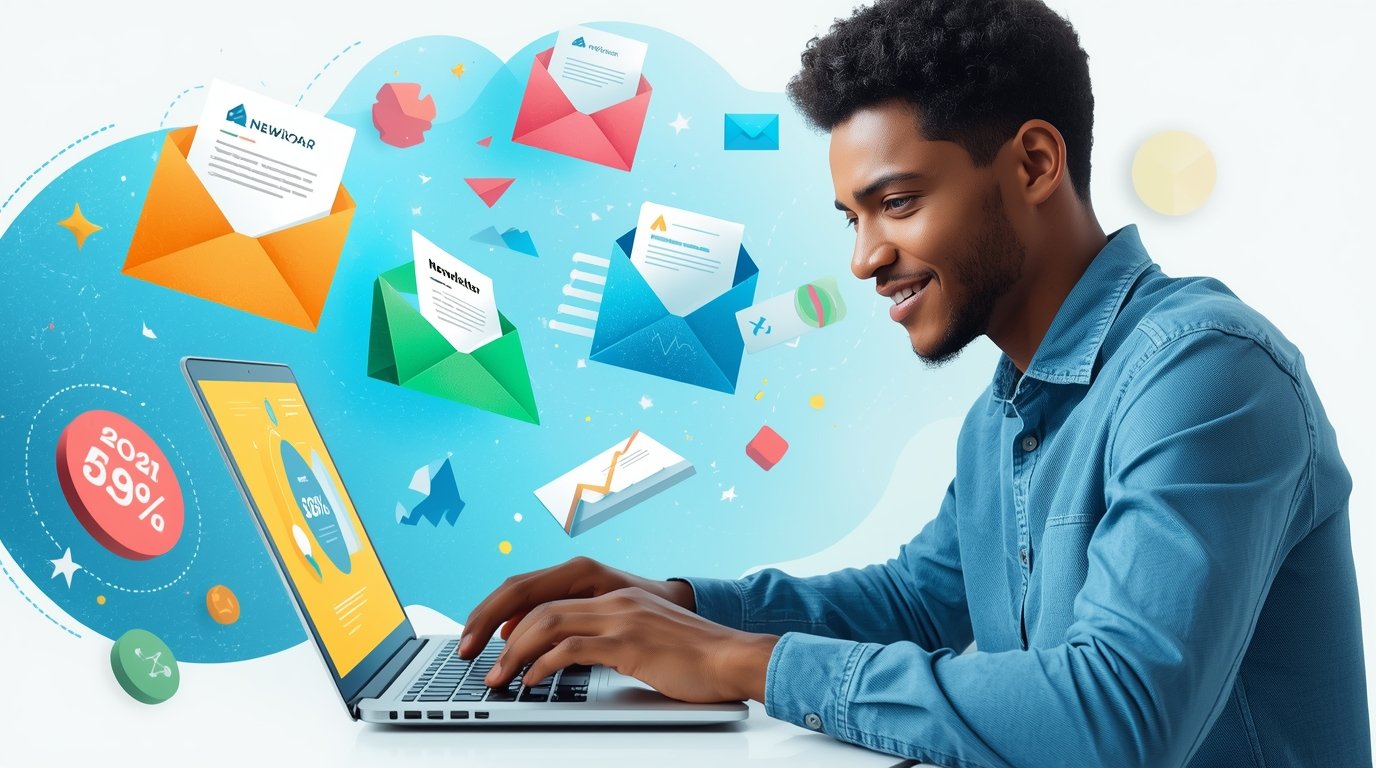 Email marketer working on newsletters and analyzing open rates on a laptop.

