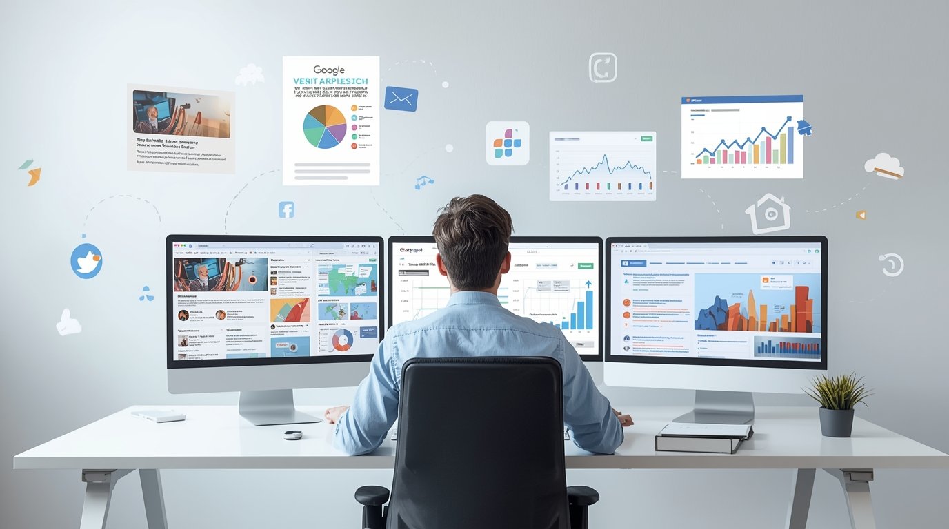 : Digital marketing assistant working on campaigns with emails, social media posts, and analytics dashboards open.