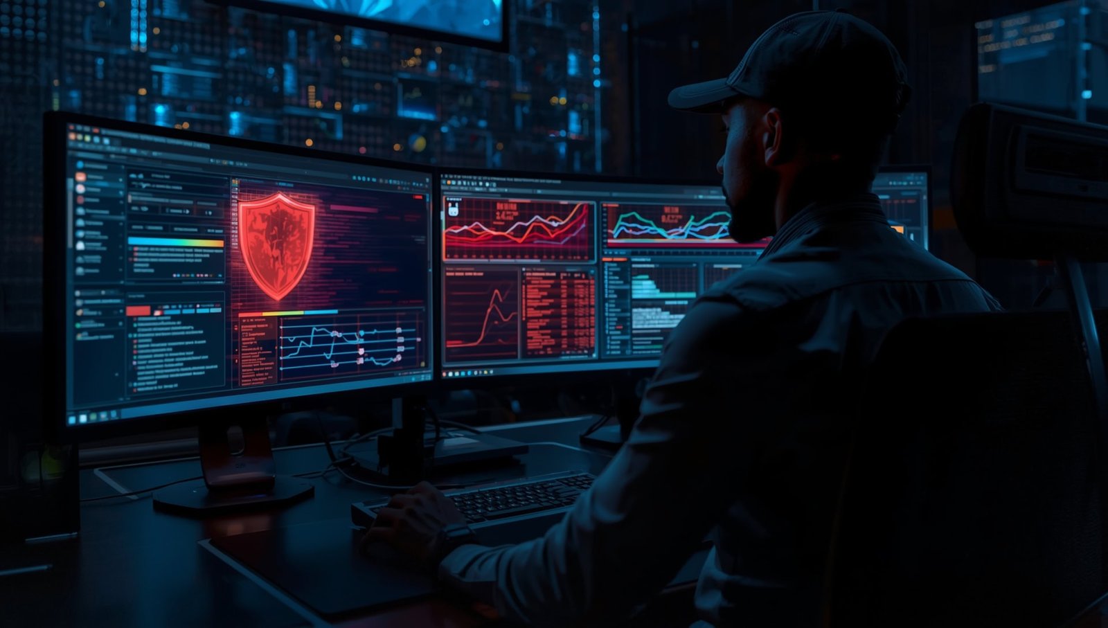 Female cybersecurity analyst monitoring firewall dashboard on a single screen, Cybersecurity course 2025.