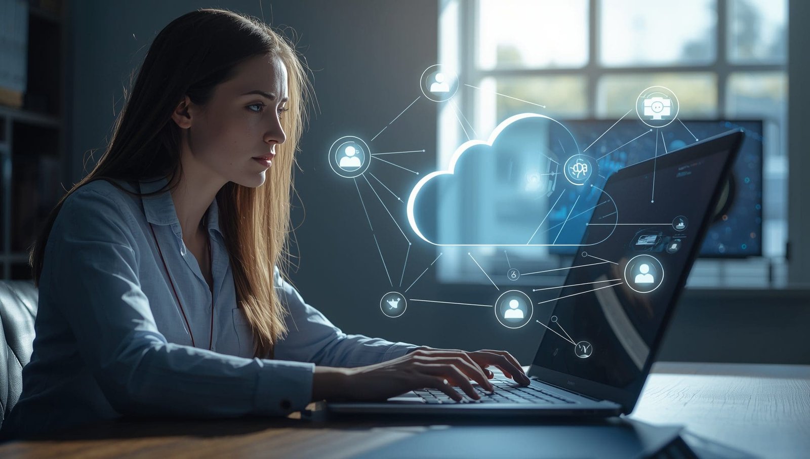 : Female IT professional managing cloud servers on a laptop with digital cloud icons overlaid, in a home office setup.
