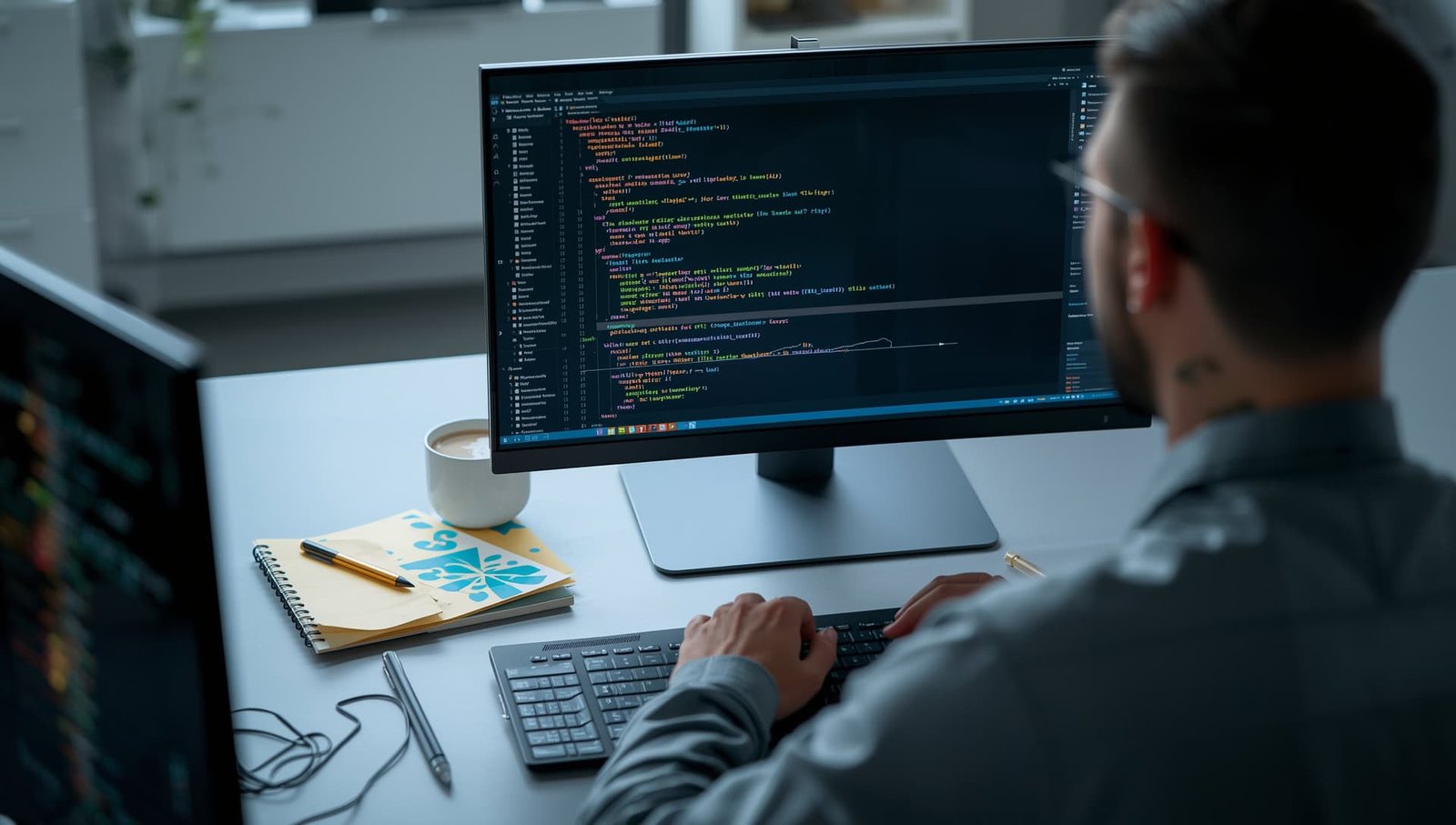 Male full stack developer coding a web application on a single desktop screen in a modern workspace.