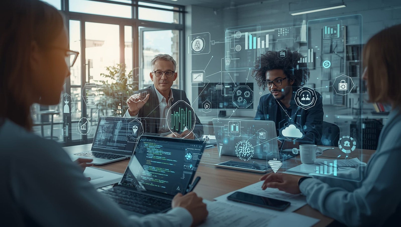 Futuristic tech workspace with diverse professionals using laptops and tablets, screens showing coding, data charts, cloud icons, cybersecurity shields, design wireframes, and workflow diagrams, representing top IT courses visually.