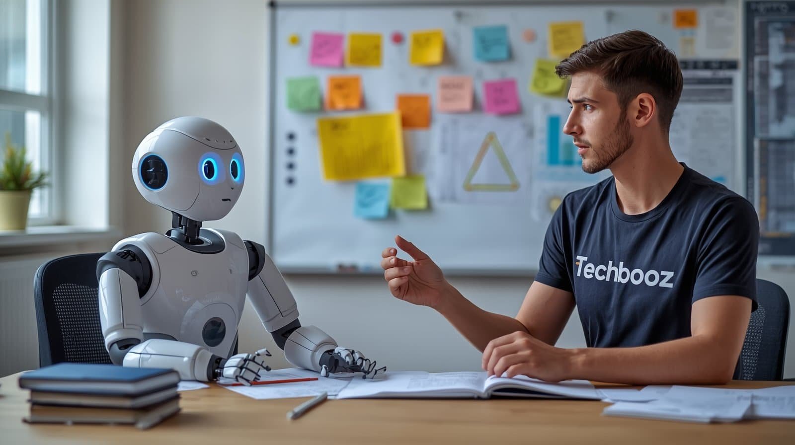 "Students in a classroom learning AI and prompt engineering with a female instructor, inspired and motivated, Techbooz branding visible in the background."