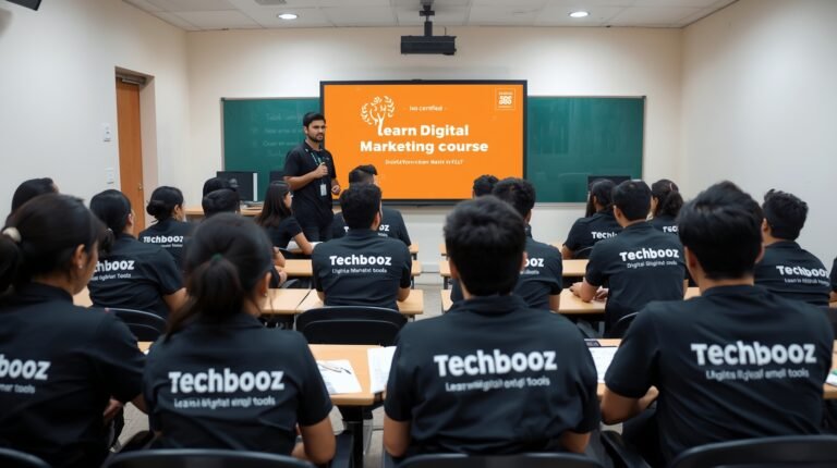 Digital marketers in Karnal analyzing 2025 salary trends on a large digital screen with Techbooz branding.