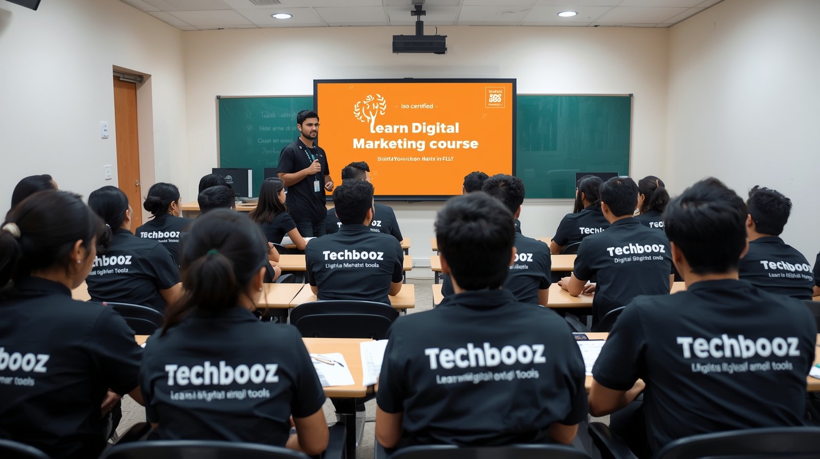 Digital marketers in Karnal analyzing 2025 salary trends on a large digital screen with Techbooz branding.