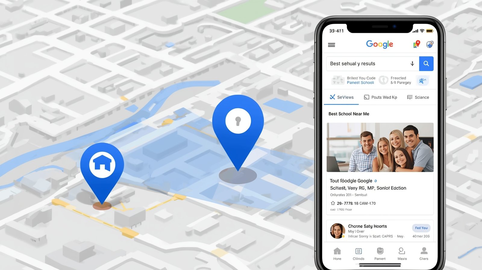 Local SEO map highlighting a nearby school with Google search results on screen.