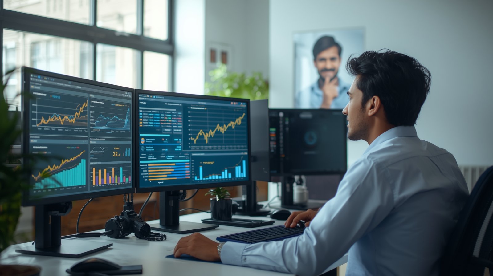 Digital marketing executive in Karnal analyzing PPC and SEO performance reports on computer screens.