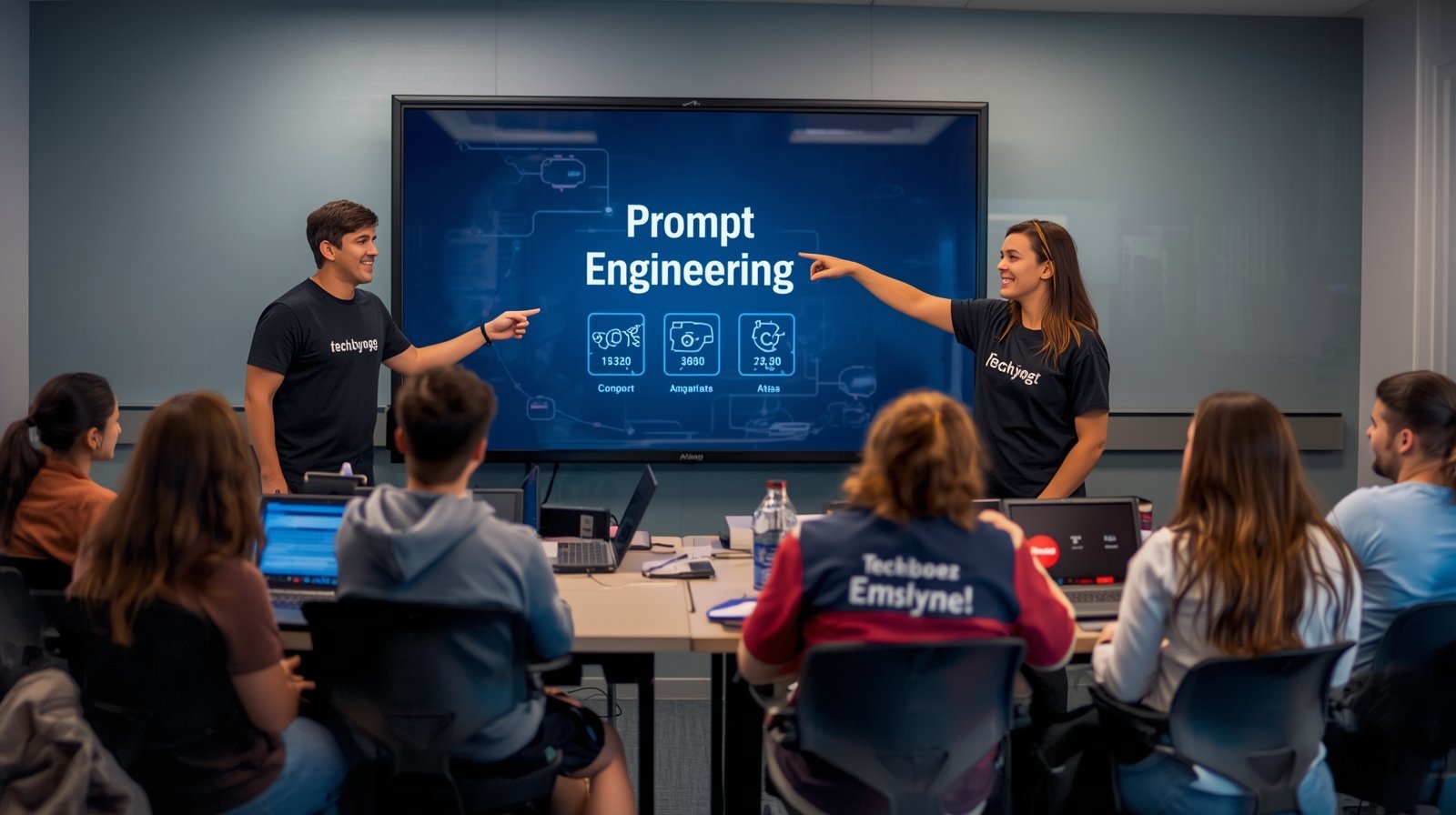 Male and female Techbooz instructors teaching students AI and prompt engineering, with 'Prompt Engineering' written on the classroom digital board." JOIN TECHBOOZ KARNAL