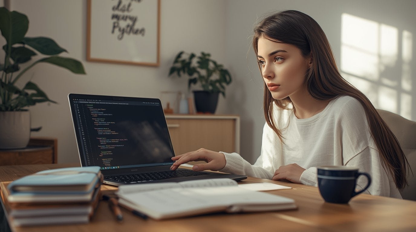 Beginner learning Python at a cozy desk with a laptop, notebooks, and coffee, writing simple automation scripts."