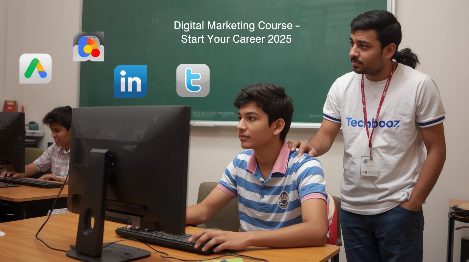 A fresher learning digital marketing skills in Karnal with a Techbooz instructor explaining SEO and social media basics.