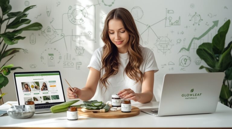 “Entrepreneur building GlowLeaf Naturals skincare brand using digital marketing with handmade organic products and marketing tools”