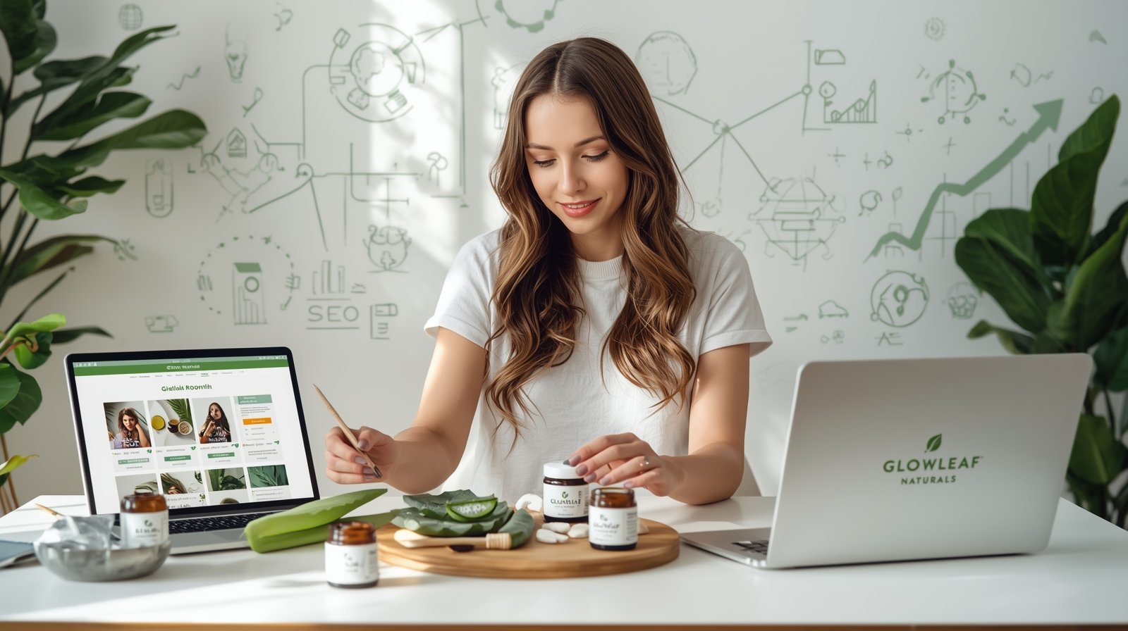 “Entrepreneur building GlowLeaf Naturals skincare brand using digital marketing with handmade organic products and marketing tools”