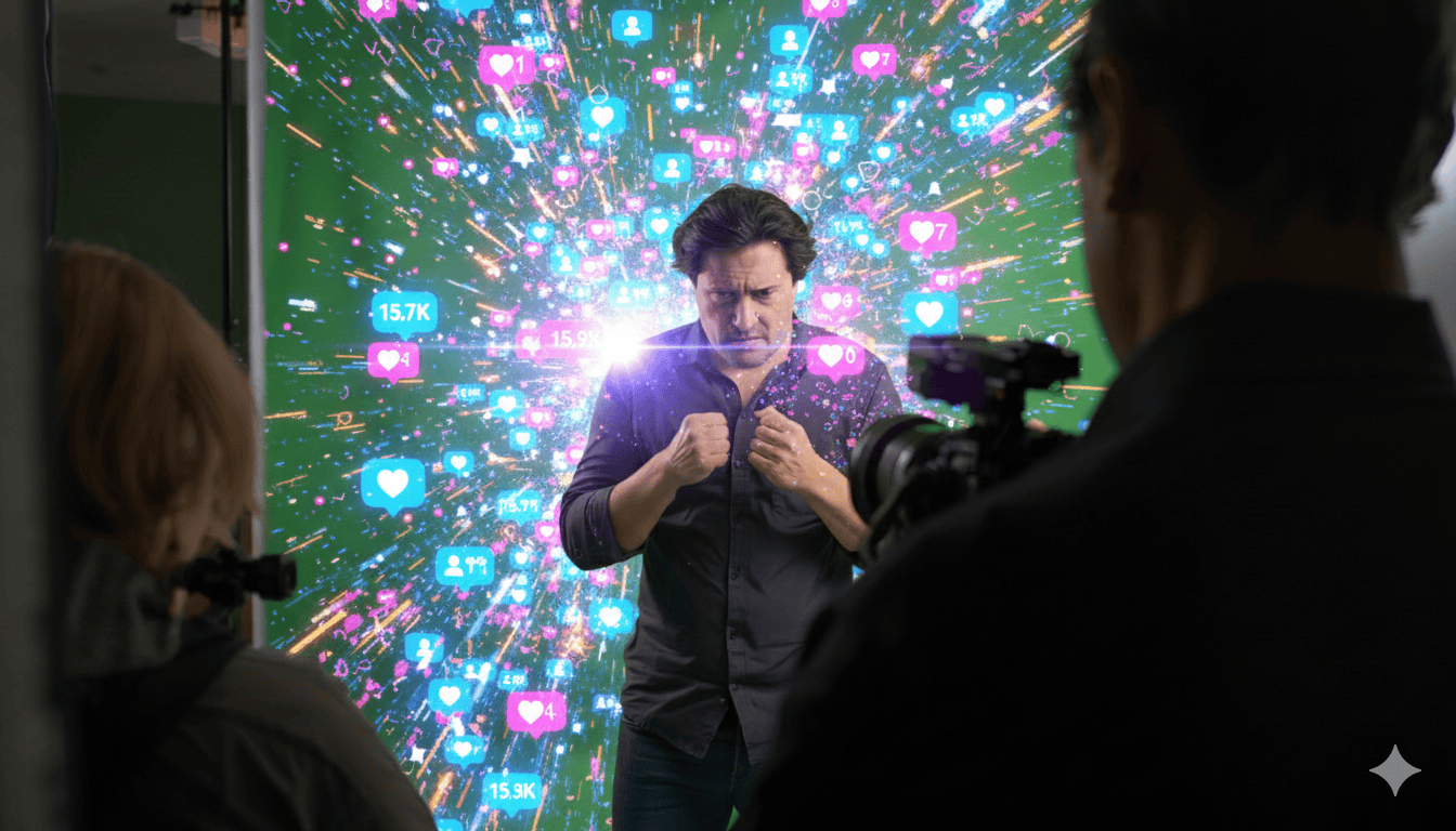 an posing in front of a green screen with social media icons exploding behind him.