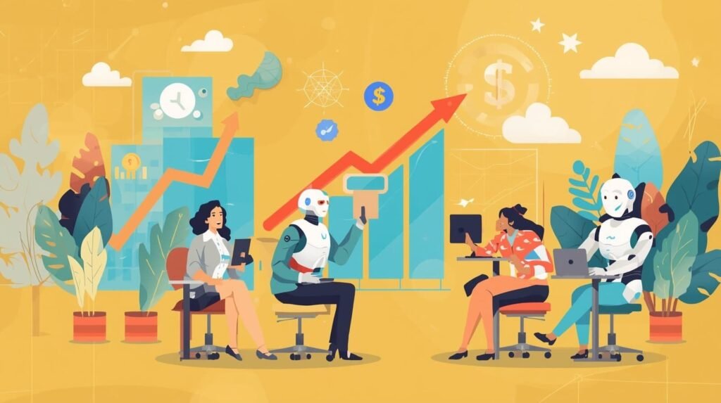 Robots and humans working together in an office with rising sales chart.