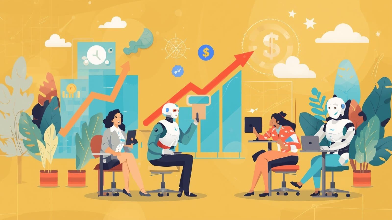 Learn With Techbooz Insights 52 Robots and humans working together in an office with rising sales chart.