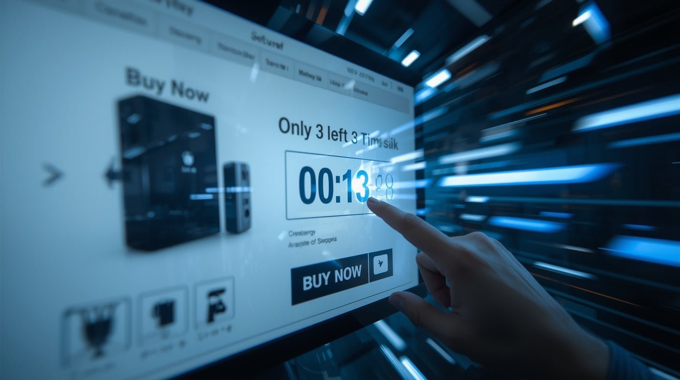 A product page with a “Only 3 left” message and a countdown timer, creating urgency and fear of missing out.