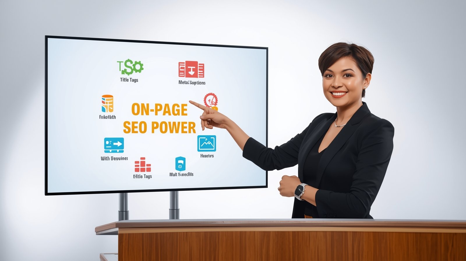 SEO expert presenting “On-Page SEO Power” on big digital display.