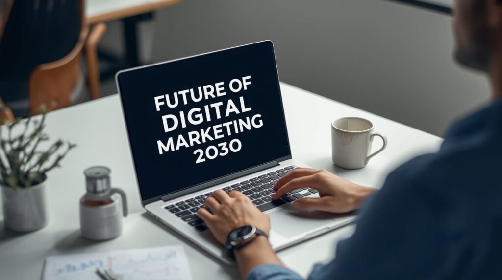 Digital marketer working on a laptop with the text ‘Future of Digital Marketing 2030’ displayed on the screen.