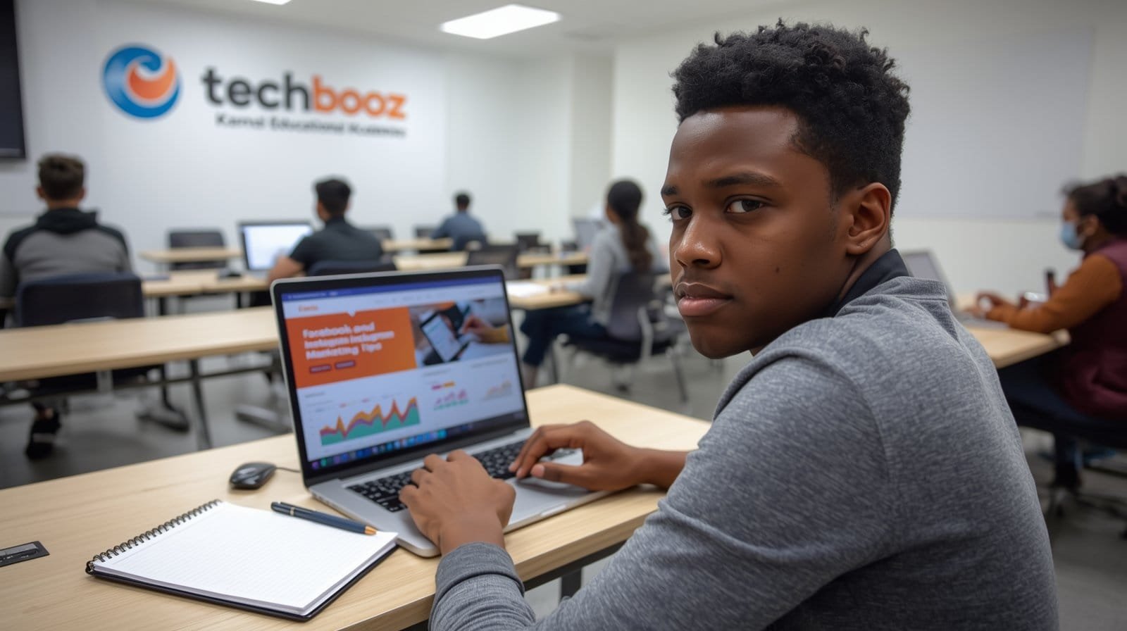 Learn With Techbooz Insights 50 “A student learning digital marketing at Techbooz using Facebook and Instagram Marketing Tips for Karnal Educational Academies.”