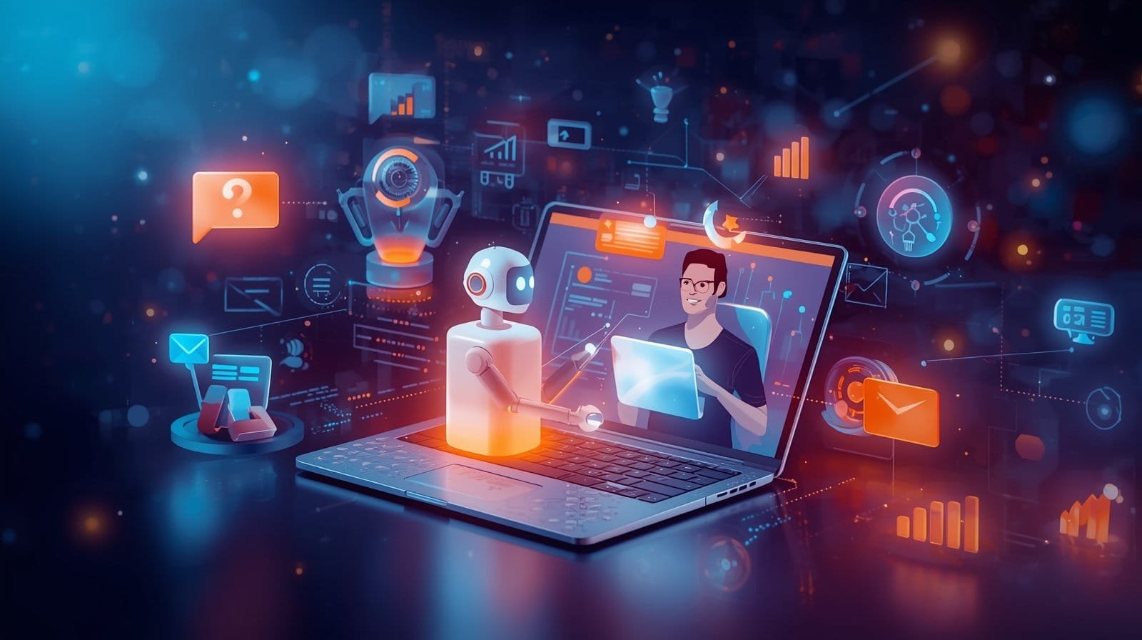 AI chatbot and human interacting through laptop with digital marketing icons.