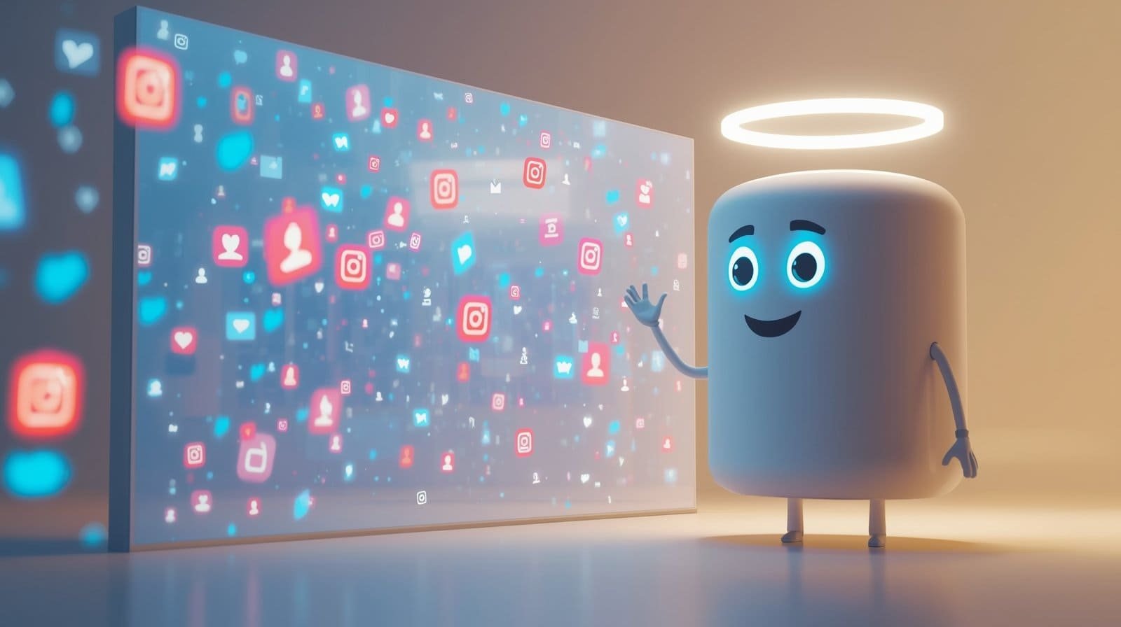Cute digital character viewing floating social media icons on a large screen.