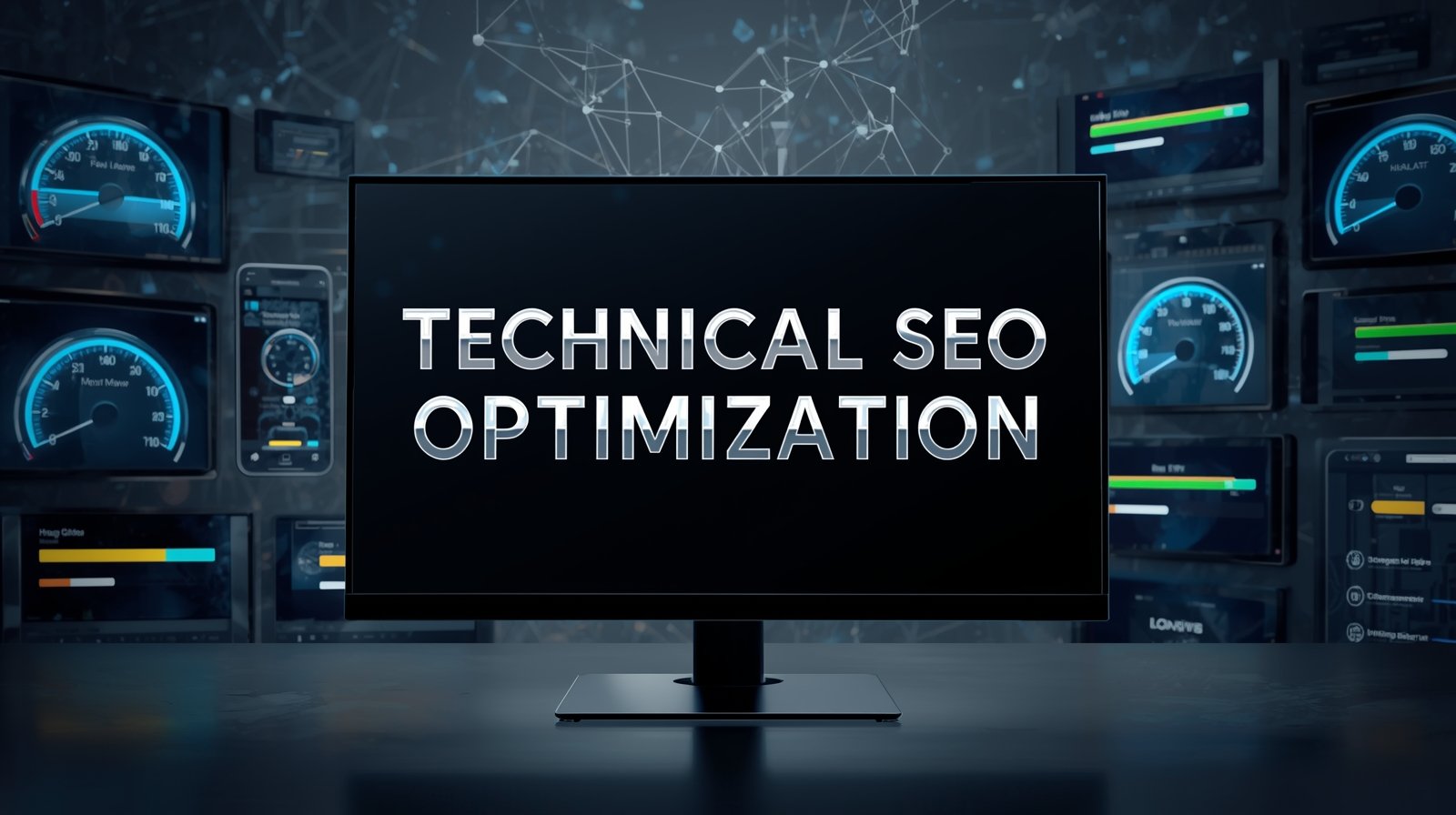 Digital display showing “Technical SEO Optimization” with fast-loading visuals.