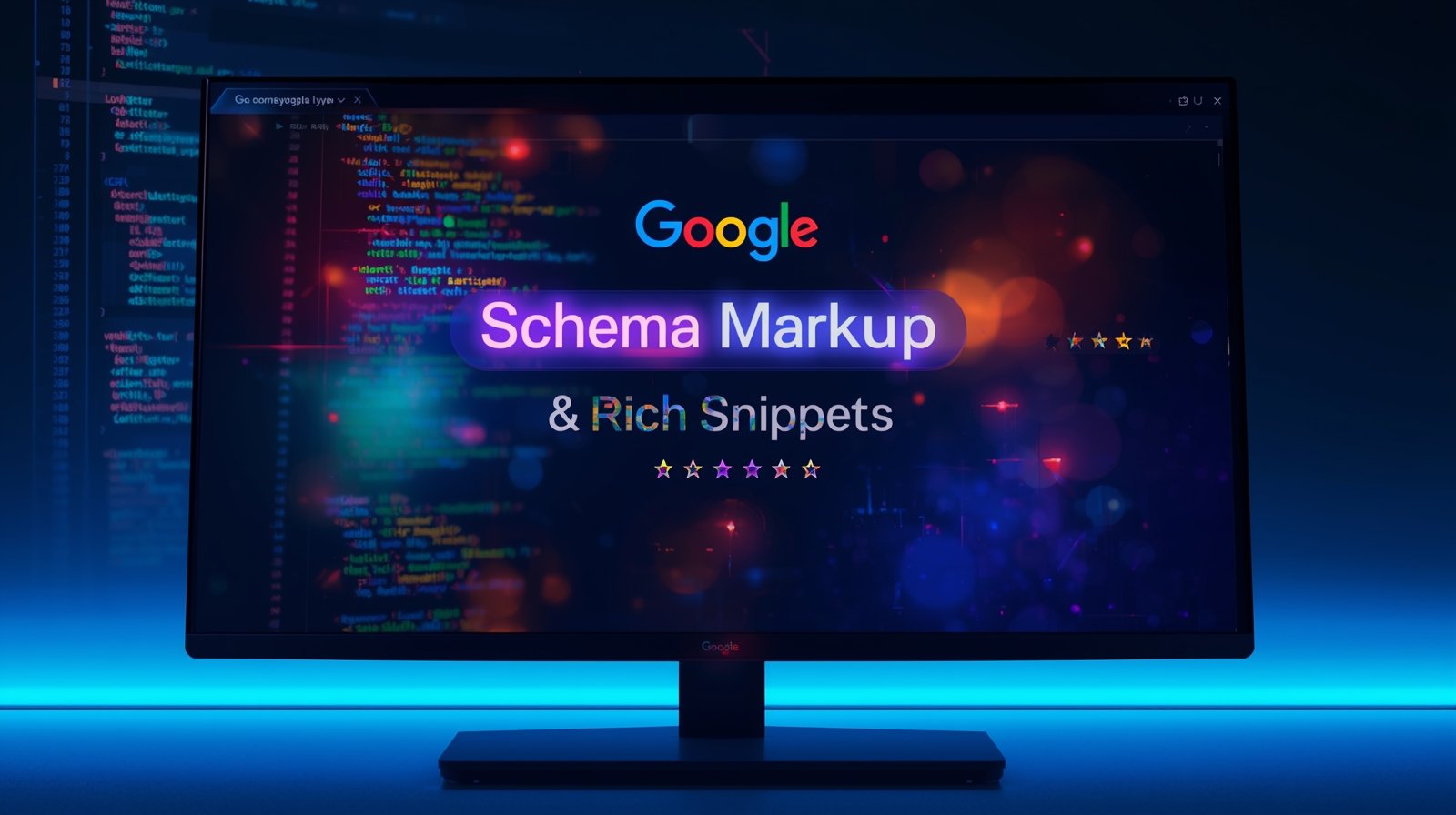 Big digital screen with “Schema Markup & Rich Snippets” and SEO visuals.Big digital screen with “Schema Markup & Rich Snippets” and SEO visuals.