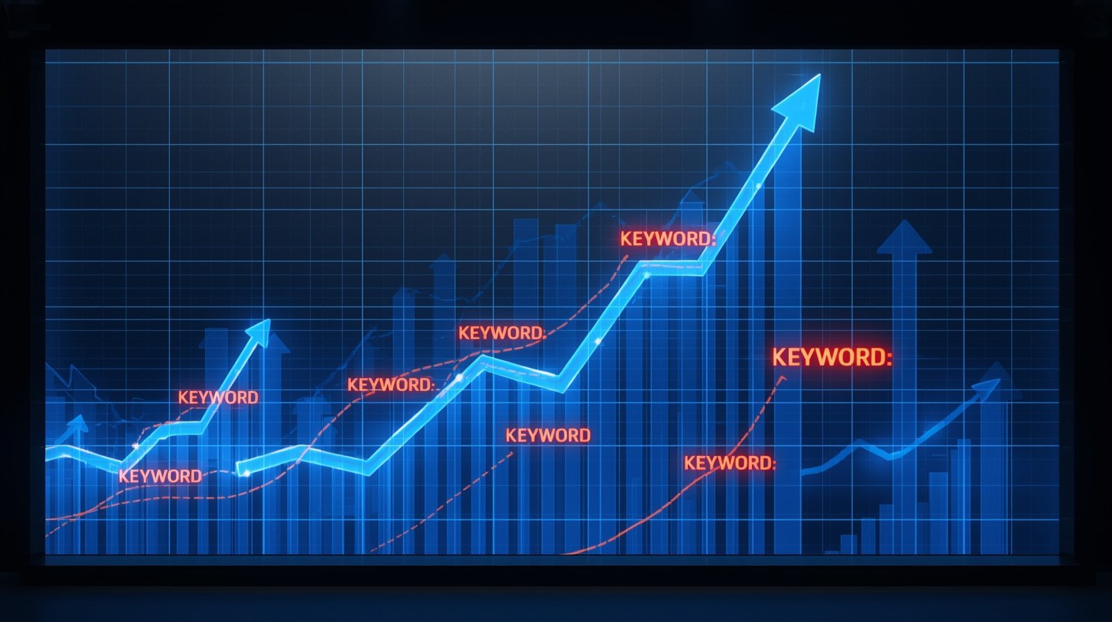 A large screen displays an upward-trending keywords, blue digital graph with bar charts.