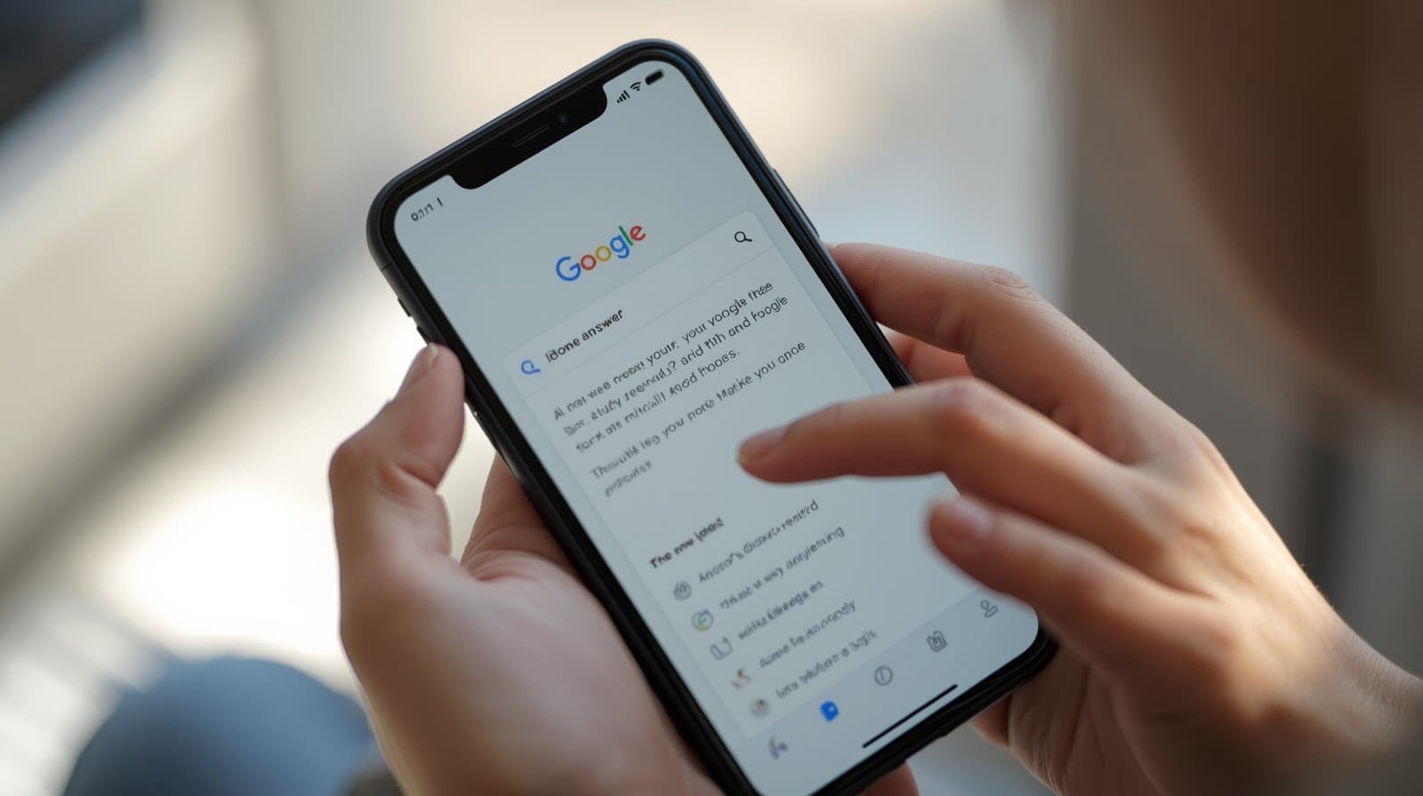 : Mobile phone showing Google answer box with a user scrolling.