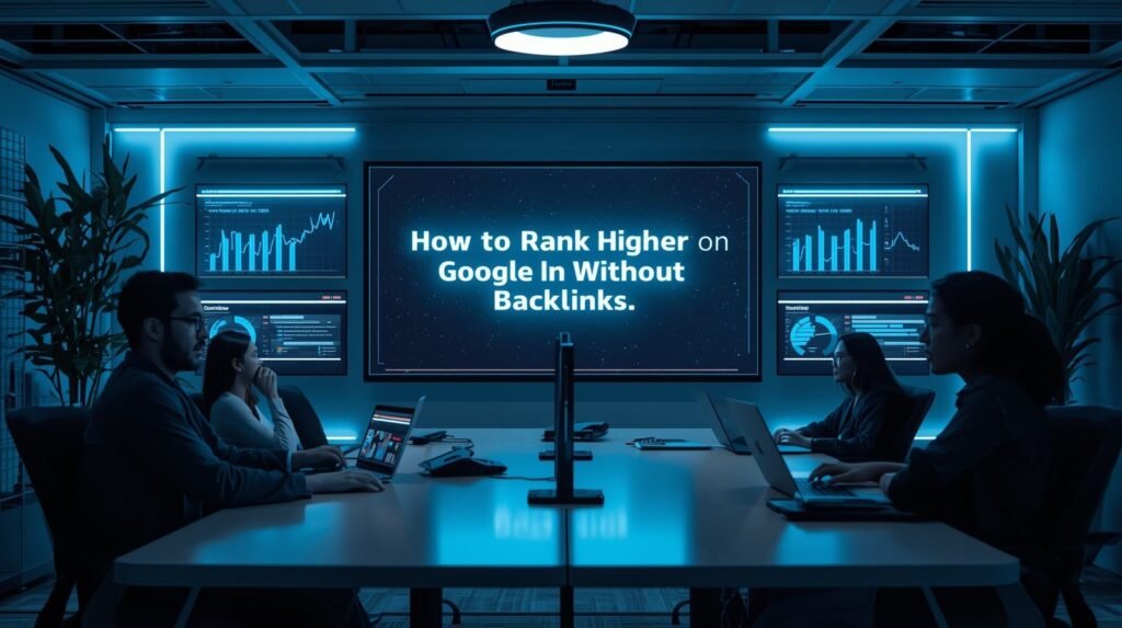 Digital marketing team looking at big screen showing blog title “How to Rank Higher on Google Without Backlinks.”