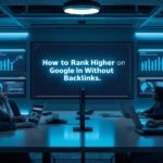 Digital marketing team looking at big screen showing blog title “How to Rank Higher on Google Without Backlinks.”