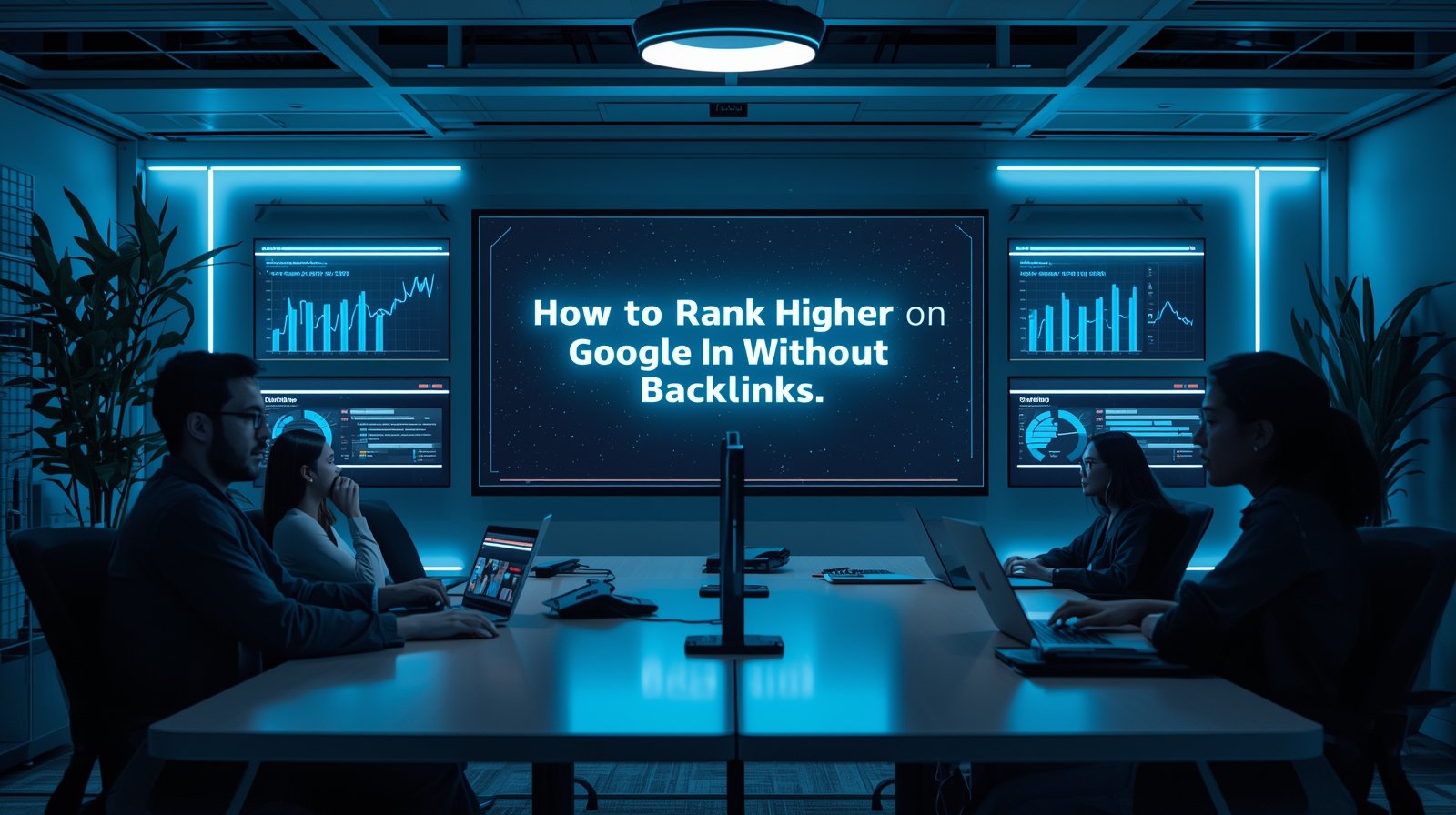 Digital marketing team looking at big screen showing blog title “How to Rank Higher on Google Without Backlinks.”