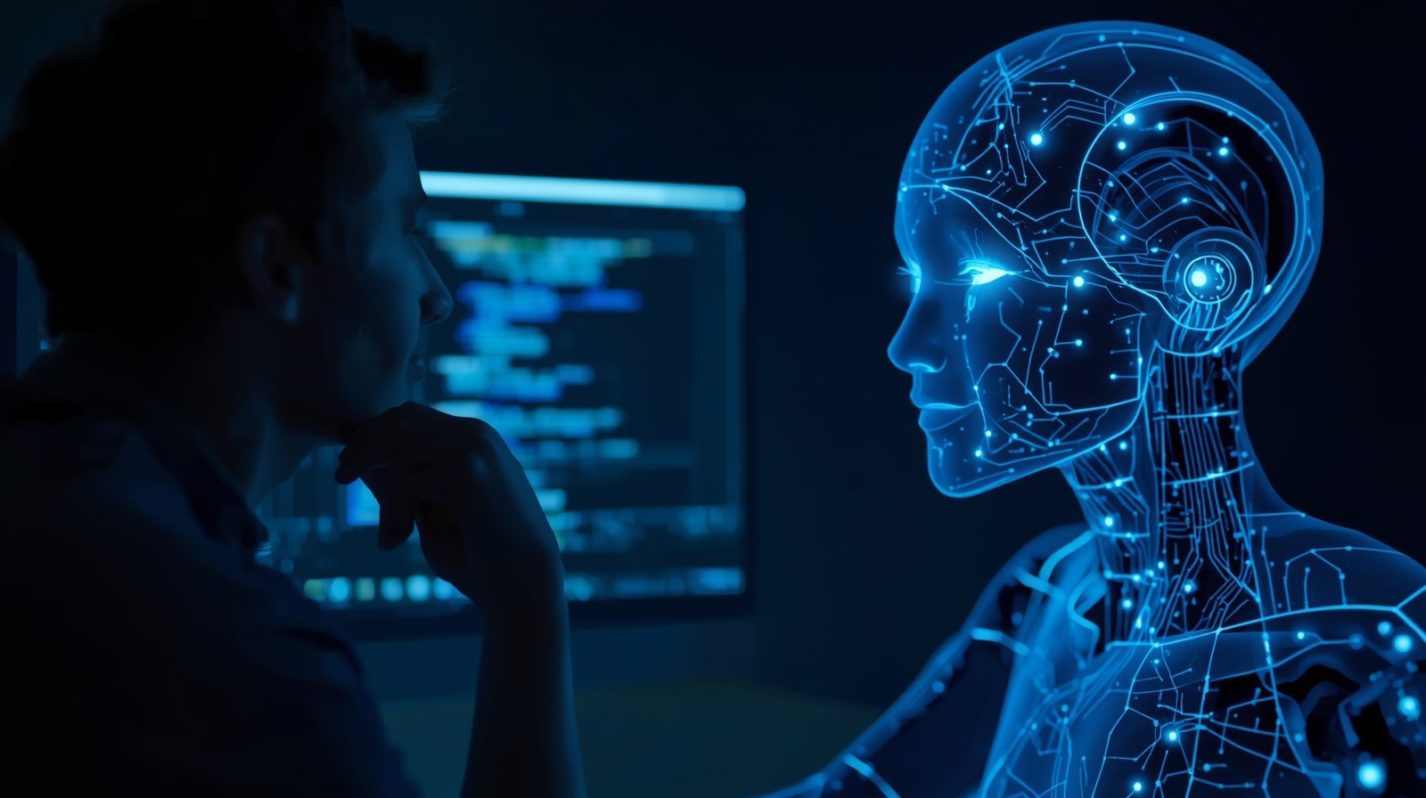 How AI is Changing Digital Marketing Jobs in India 4 “Human and AI working together, handshake between human marketer and AI hologram, teamwork concept, blue and white professional tone”